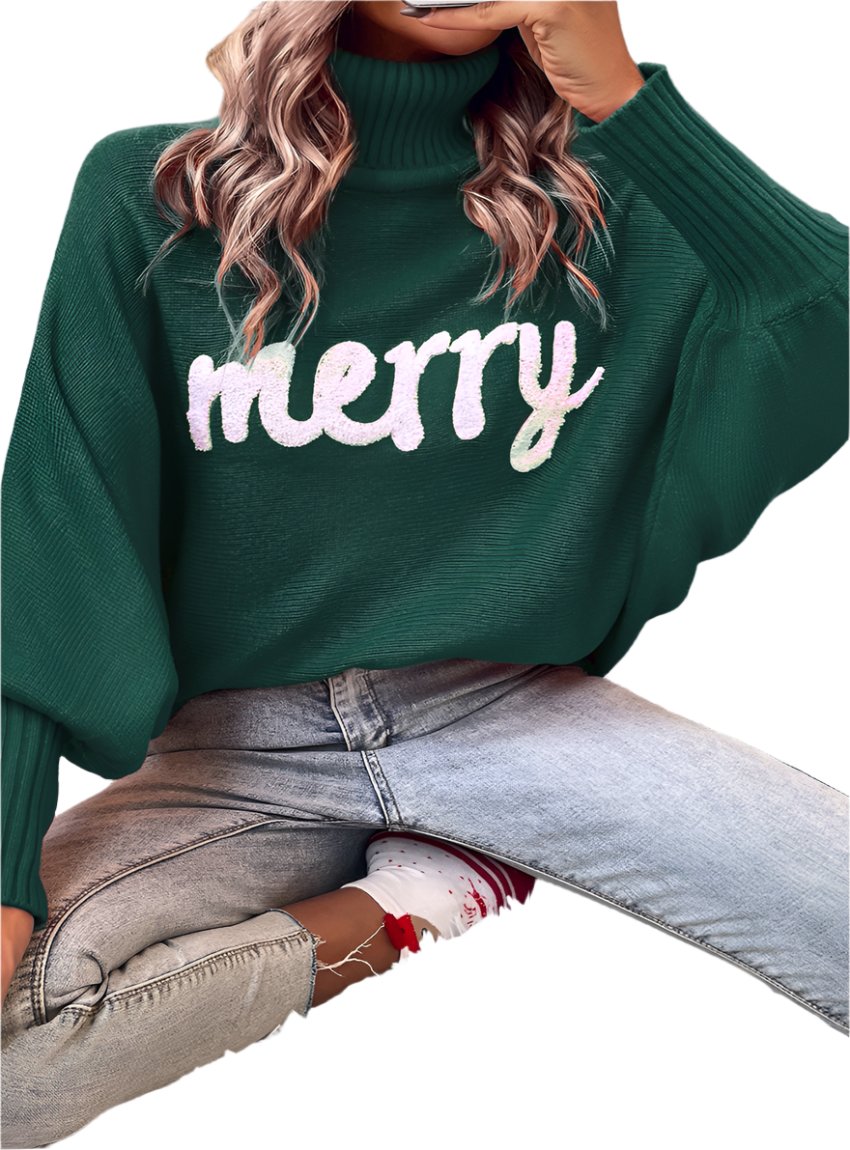 Festive green turtleneck sweater with "Merry" embroidered graphic, front view
