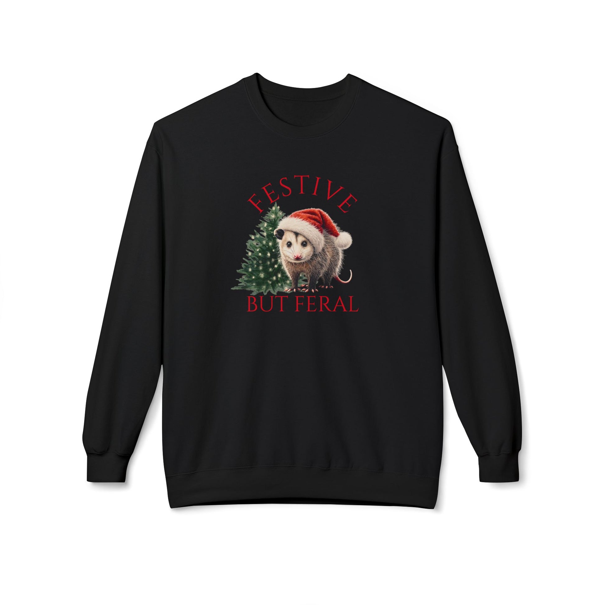 Black sweatshirt featuring an opossum in a Santa hat, humorous holiday attire.
