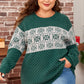 Comfortable plus-size fair isle sweater in green with white snowflakes.
