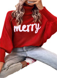 Festive red turtleneck sweater with a "Merry" graphic, front view
