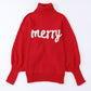 Soft-knit holiday sweater in red with a turtleneck and festive design
