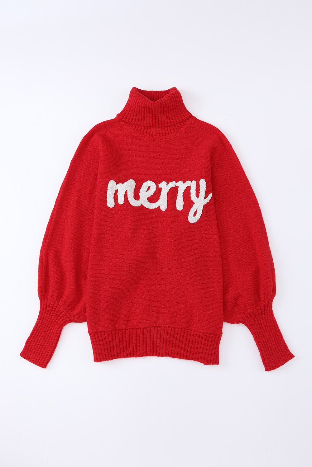 Soft-knit holiday sweater in red with a turtleneck and festive design
