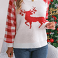 Festive white knit sweater featuring a red reindeer design and buffalo plaid sleeves for holiday style.