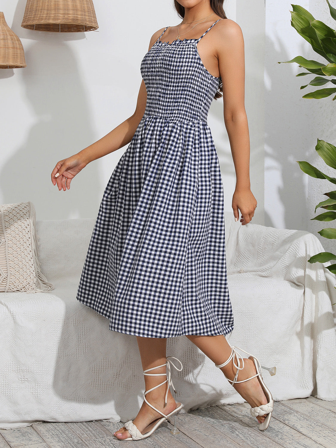 Classic blue gingham midi dress with a smocked bodice
