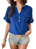 Elevate your wardrobe with our chic blue Buttoned Notched Blouse. Perfect for any occasion, it's stylish, comfortable, and versatile