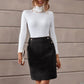 Front view of fitted black mini skirt with slit and button details.
