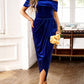 Sophisticated blue velvet midi dress with an off-shoulder neckline.
