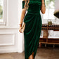 Green off-shoulder midi dress with ruched detail and draped silhouette.
