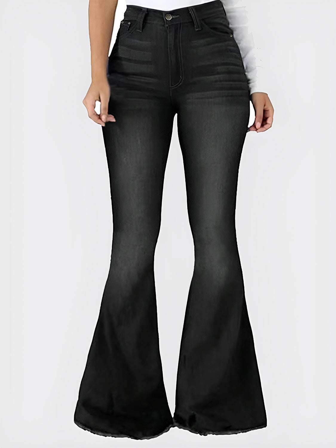 Black high-waist flare jeans in stretch fabric with raw hem.
