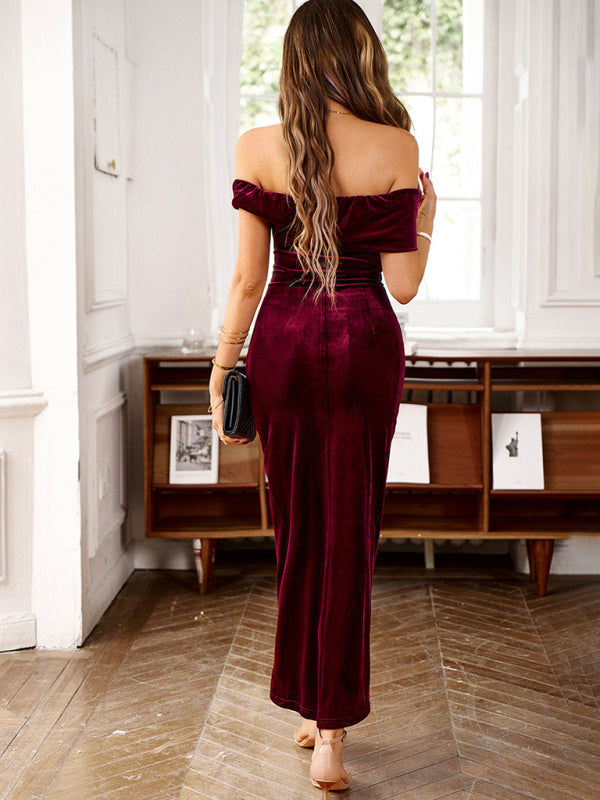 Red velvet midi dress perfect for weddings or evening cocktail parties.
