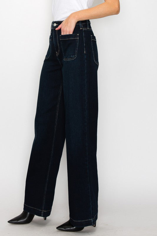 Comfortable and stylish plus-size jeans in dark wash denim.