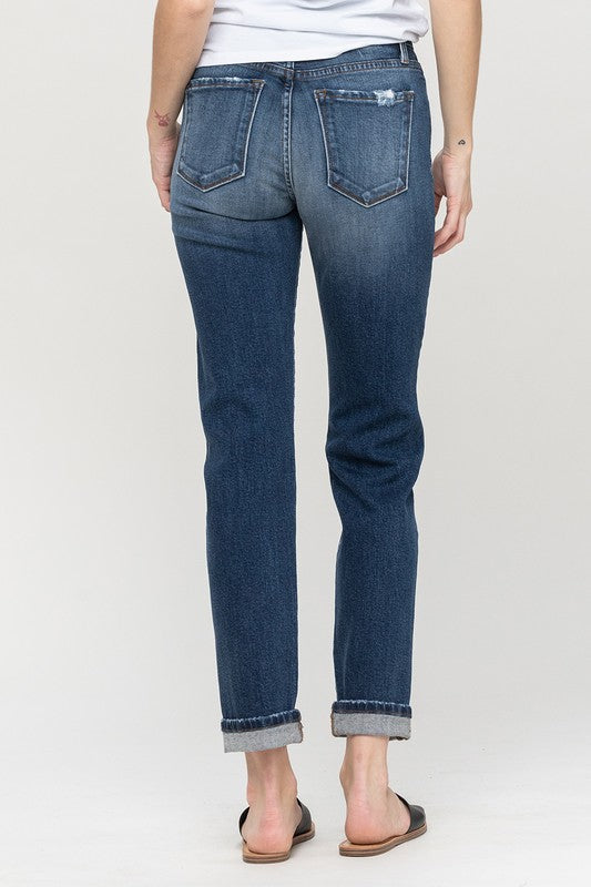 Flying Monkey's Cuffed Stretch Boyfriend Jeans showcasing the flexible stretch fabric.