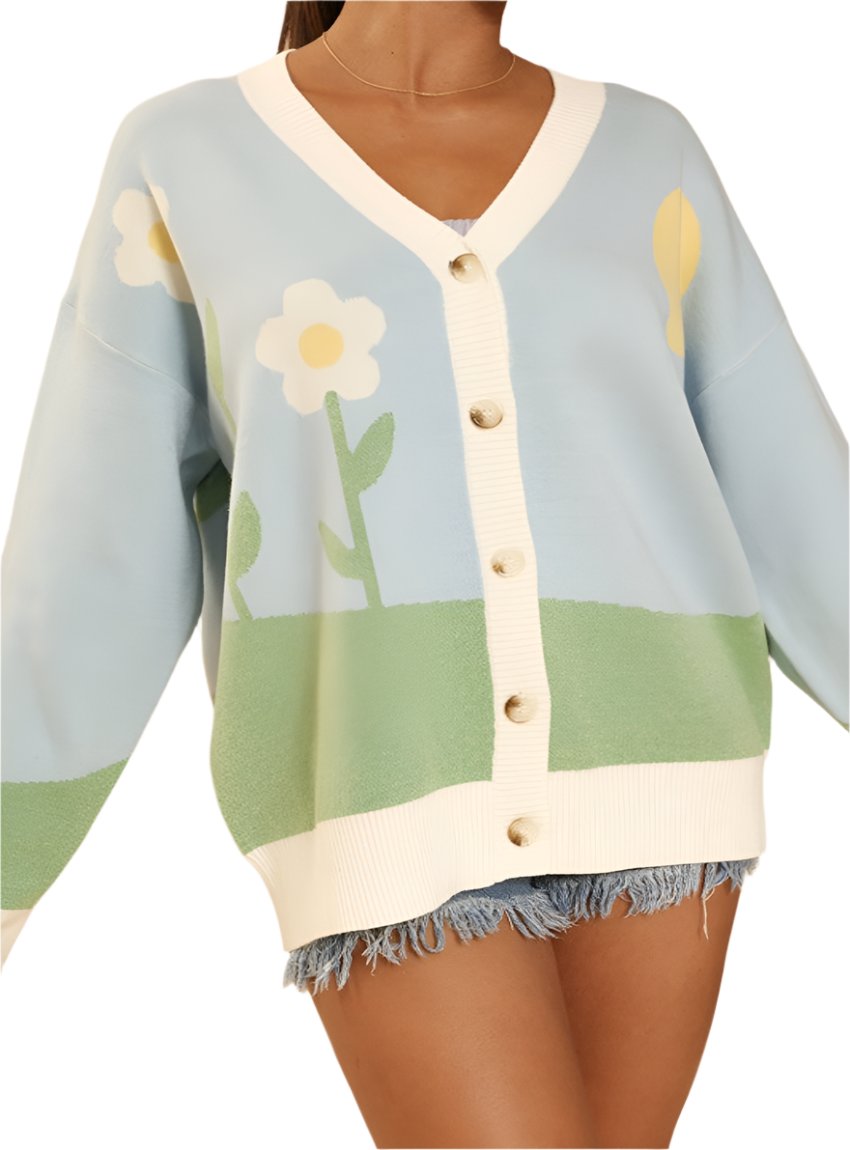 Front view of the Floral Garden Button-Down Cardigan in pastel colors, featuring a V-neckline and floral design.