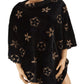 Floral pattern fuzzy poncho in black, front view
