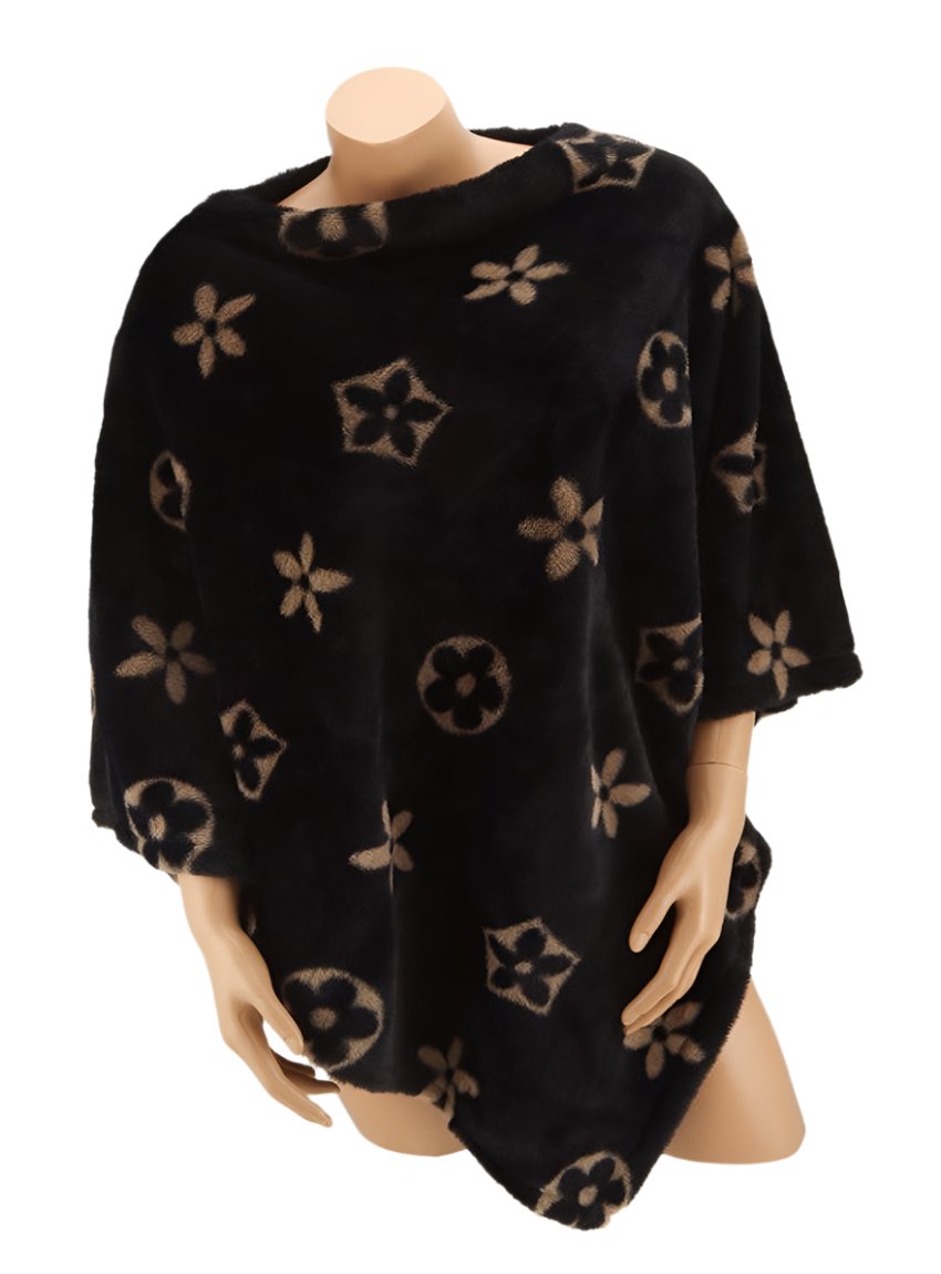 Floral pattern fuzzy poncho in black, front view
