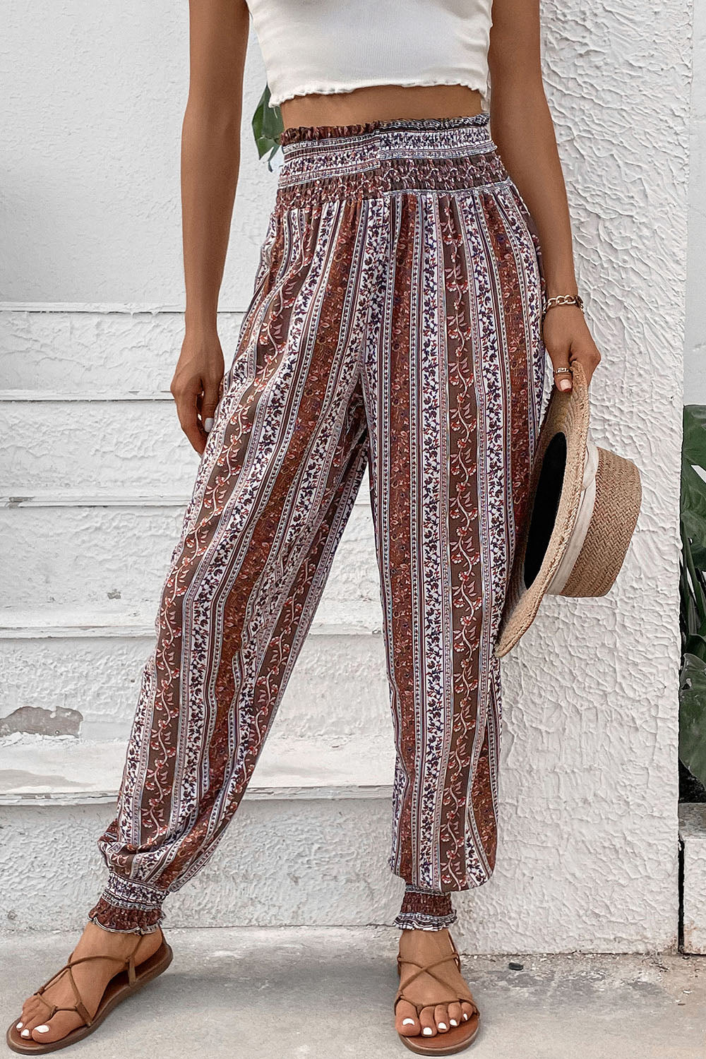 Lightweight boho-style pants featuring floral stripes and smocked ankle cuffs.