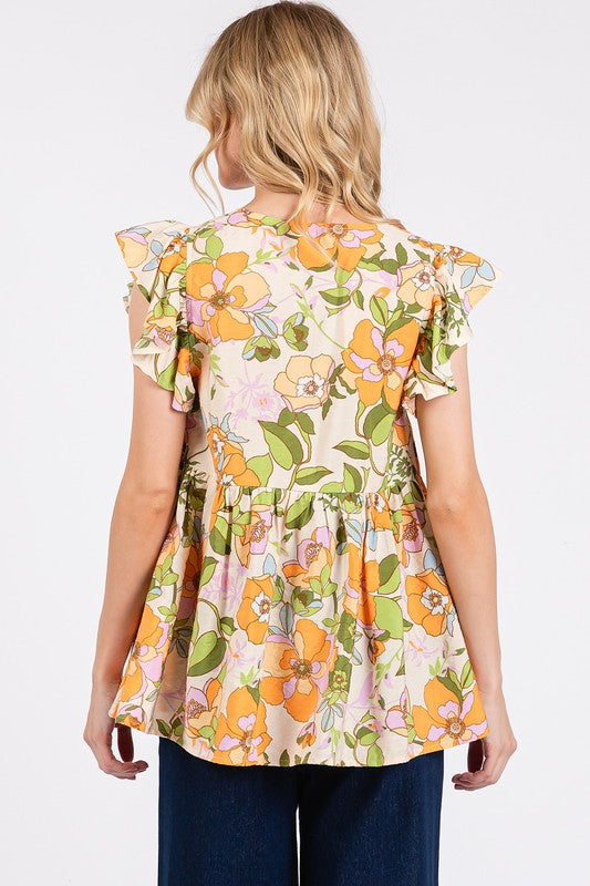 Floral V-Neck Ruffled Cap Sleeve Peplum Top - Whimsical Boho Aesthetic