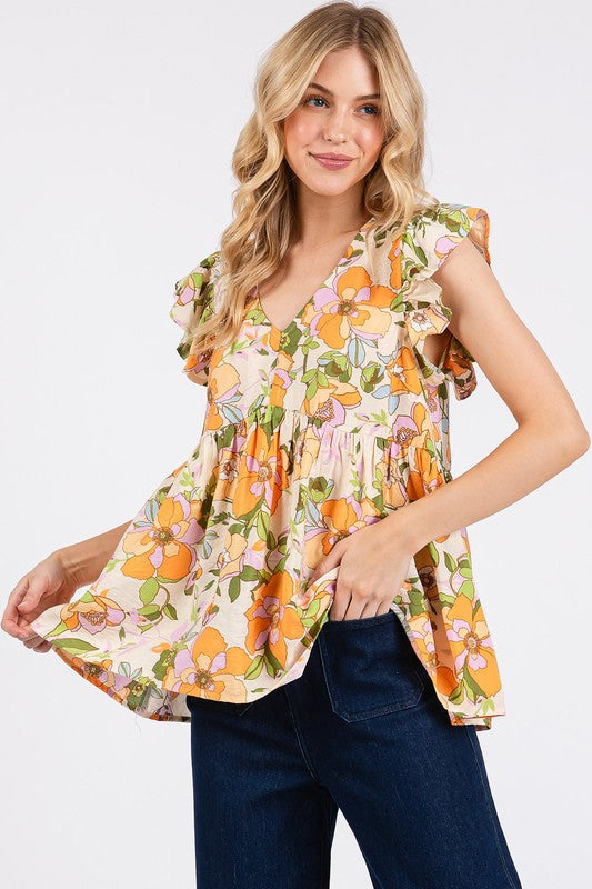 Floral V-Neck Ruffled Cap Sleeve Peplum Top - Whimsical Boho Aesthetic