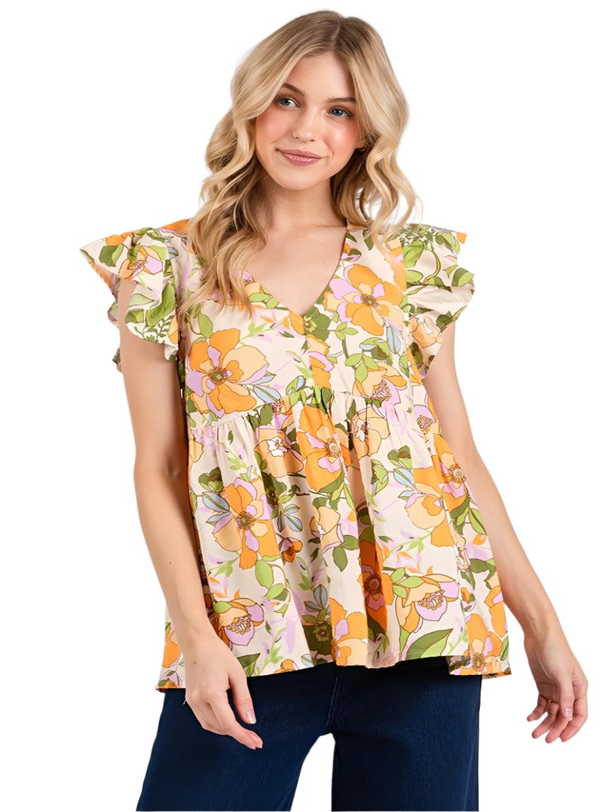 Floral V-Neck Ruffled Cap Sleeve Peplum Top - Whimsical Boho Aesthetic