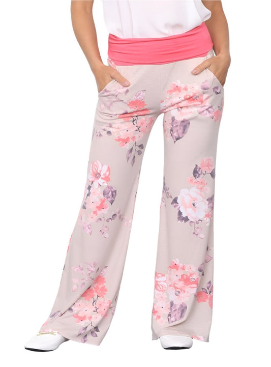 Plus-size floral wide-leg lounge pants with pink waistband, front view
