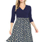 Navy floral wrap midi dress with 3/4 sleeves and v-neckline.
