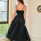 Full-length image of a sleeveless black dress with a voluminous tulle skirt.
