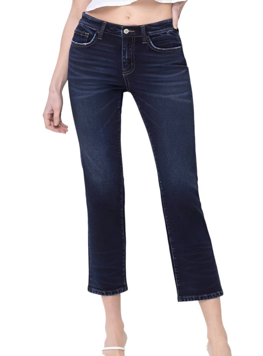 Front view of Flying Monkey Mid Rise Slim Straight Jeans showcasing the mid-rise fit and dark wash.