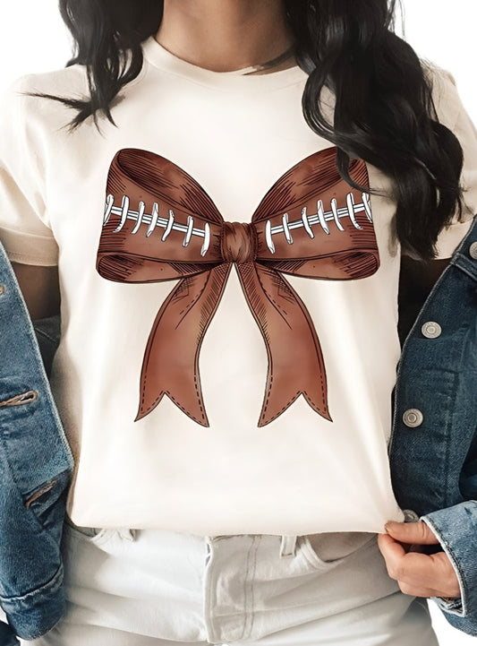 Front view of the Football Bow Graphic T-Shirt in a neutral color.