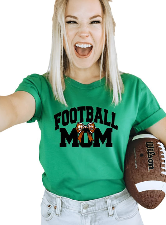 Front view of the Football Mom Graphic T-Shirt in green with bold "FOOTBALL MOM" text and a football-themed bow design.