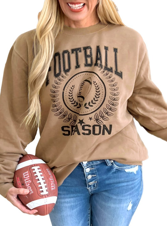 Brown sweatshirt with a football graphic and "Football Season" text.