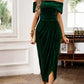 Green off-shoulder midi dress with ruched detail and draped silhouette.
