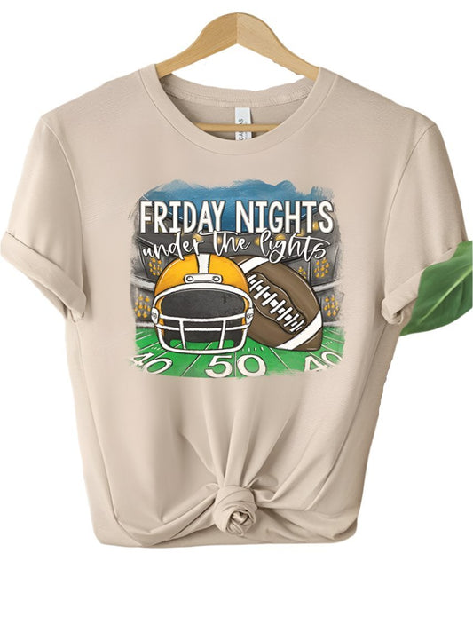 High school football graphic tee with helmet and field illustration