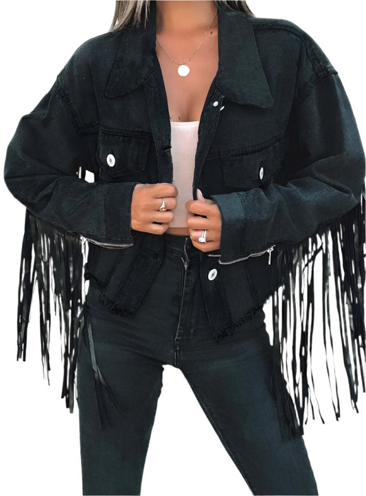 Front view of a black denim jacket with fringe details and a cropped fit, perfect for casual wear.
