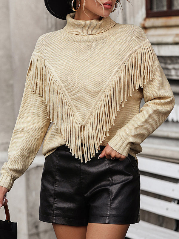 Light khaki fringed turtleneck sweater with knit design | boho aesthetic

