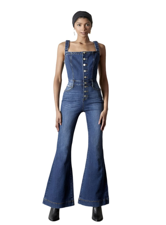 Front view of Front Buttons Flare Denim Overalls with a dark wash and retro-inspired flare legs.
