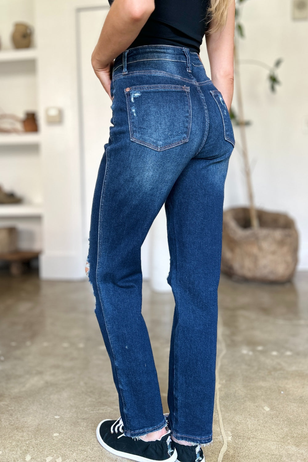 Dark wash Judy Blue high waist heavy destroy jeans with straight-leg cut.