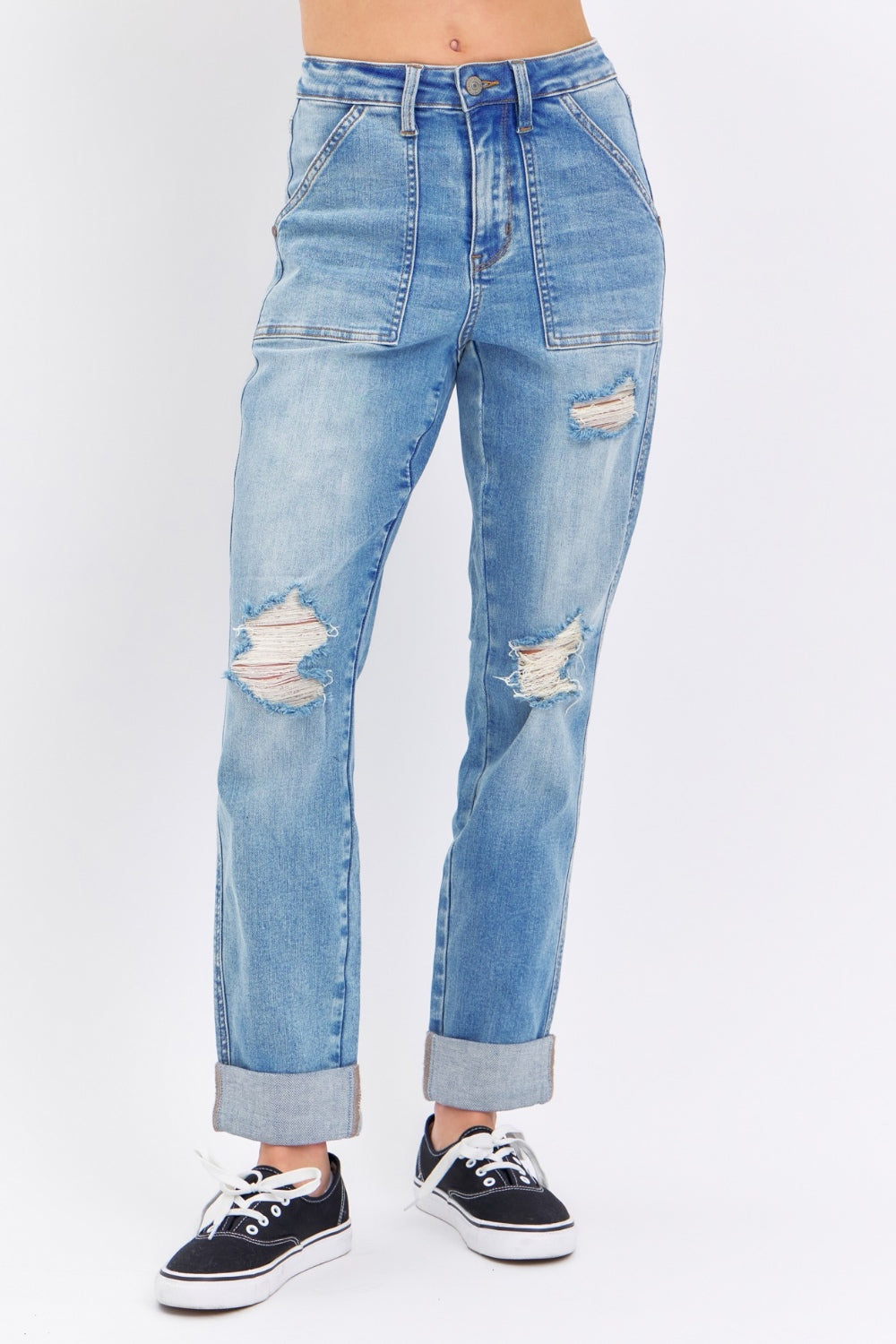 Judy Blue Distressed Straight Leg Jeans with Patch Pockets