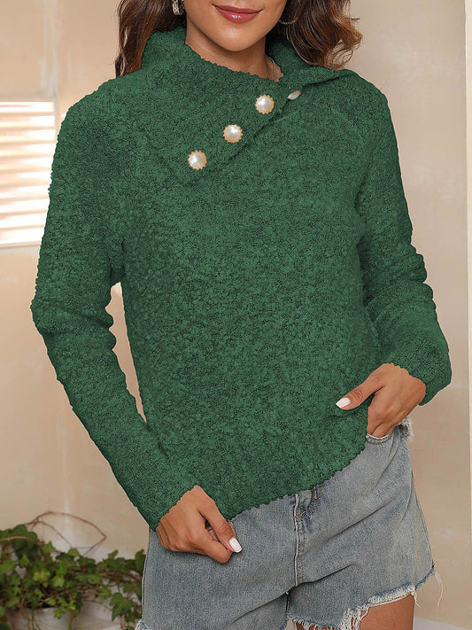 Full-length view of the green button knit sweater, perfect for a cozy fall or winter wardrobe.

