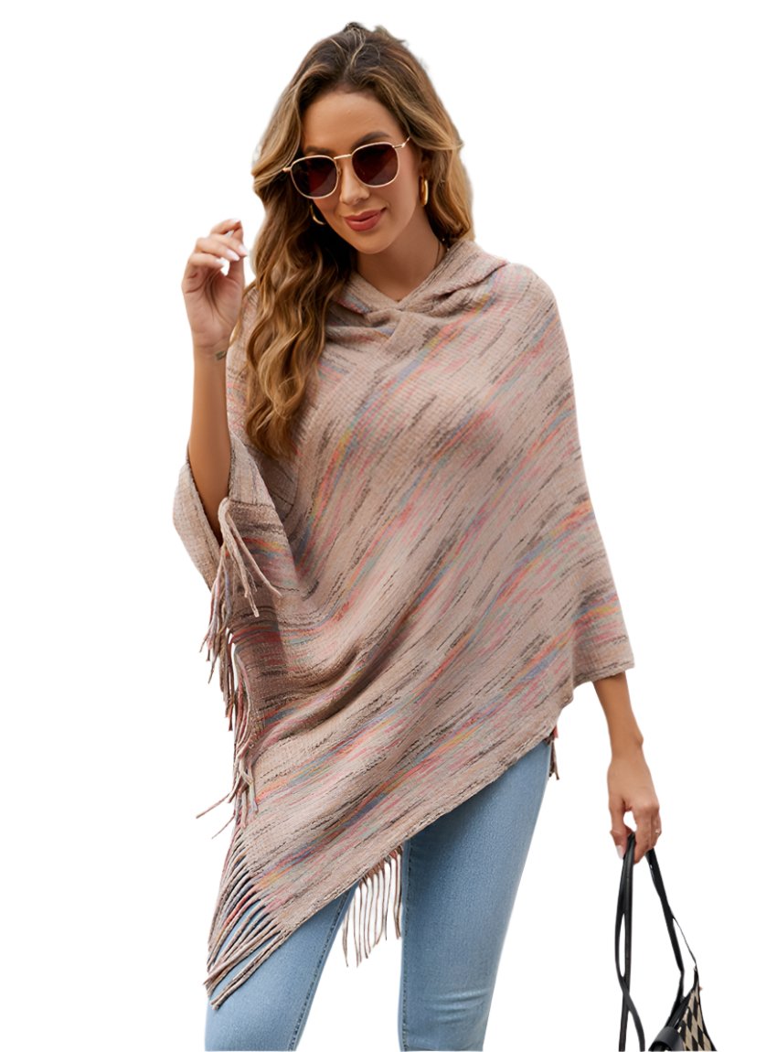 Fun pastel knit poncho with fringe
