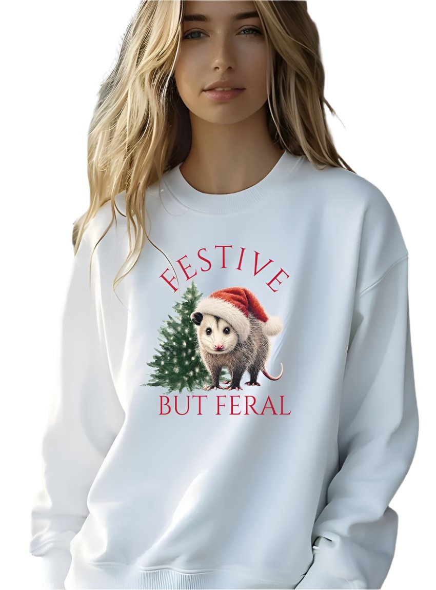 White opossum Christmas sweatshirt with Santa hat and tree details, unisex.
