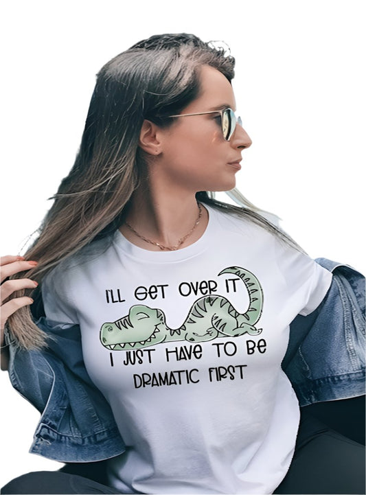 Front view of "I'll Get Over It" graphic tee with a cute dinosaur illustration