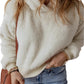 Fuzzy beige dropped shoulder fleece hoodie for women, front view.
