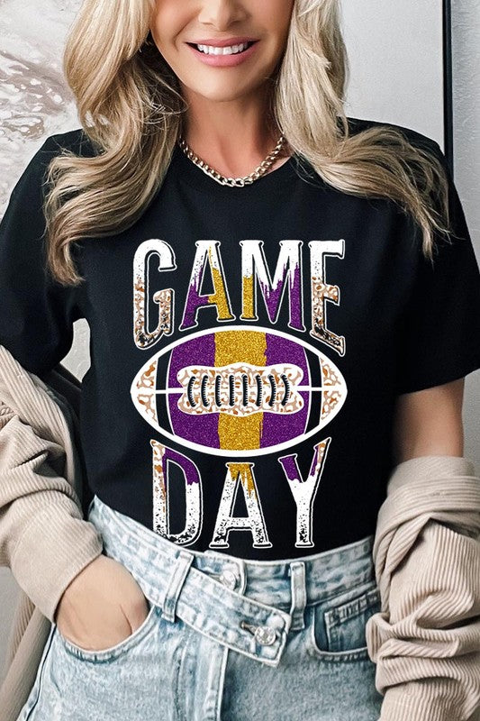 Close-up of black "Game Day" football graphic on tee