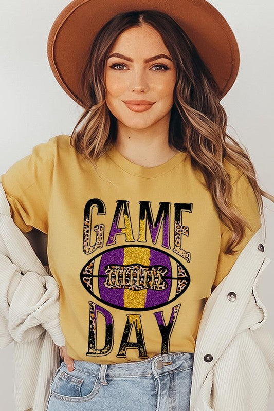 Mustard "Game Day" graphic tee with football design, front view