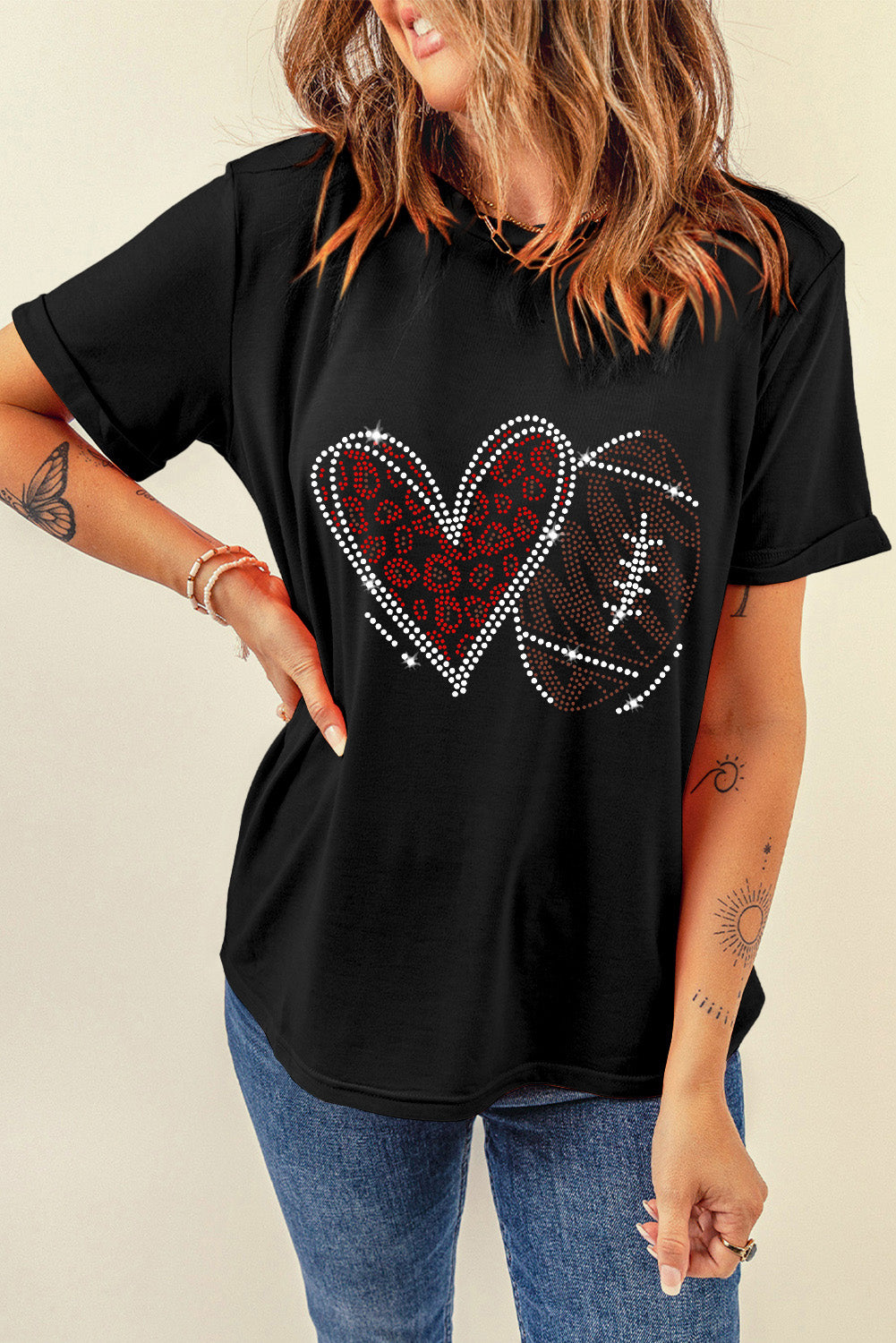 Casual football T-shirt with rhinestone accents, perfect for game day
