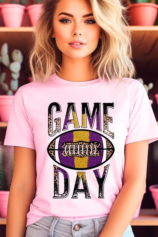 Pink "Game Day" graphic tee with football design, front view