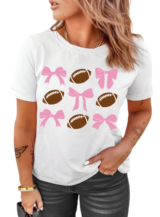 Women's football shirt with a unique pink bow and football graphic, perfect for game day.