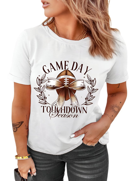 White t-shirt with a football graphic and "Game Day Touchdown Season" text.