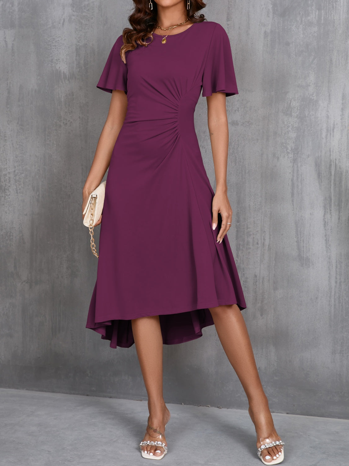 Elegant wine midi dress with flutter sleeves for women.
