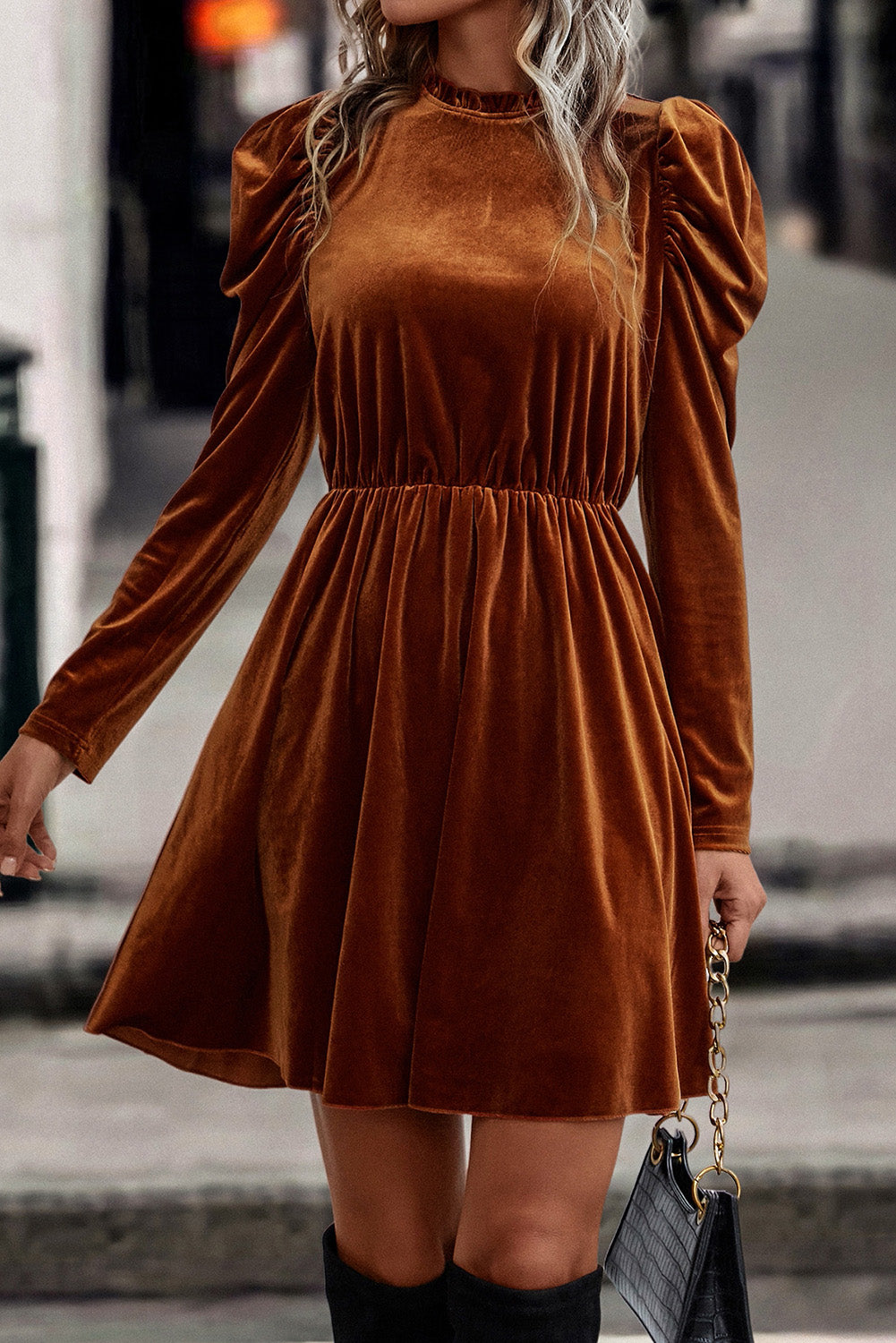 High-waisted mocha mini dress with feminine velvet detailing
